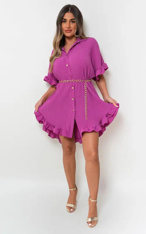 Button Down Oversized Ruffle Short Sleeve Mini Dress Elite Urban