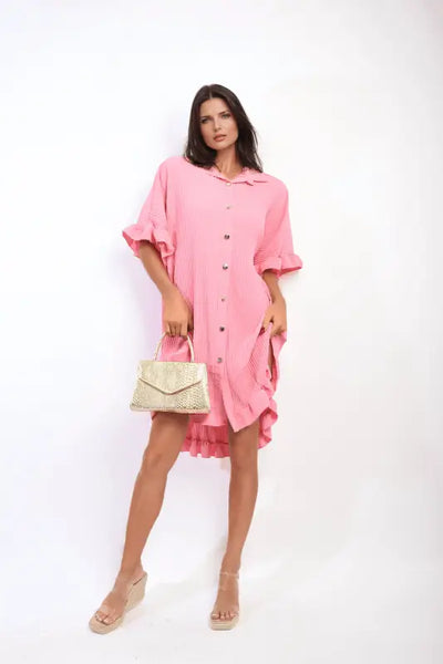 Button Down Oversized Ruffle Short Sleeve Mini Dress Elite Urban