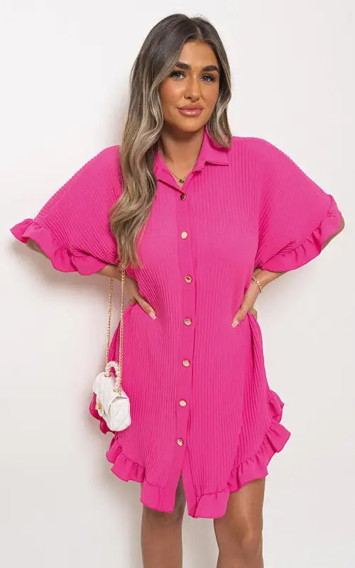 Button Down Oversized Ruffle Short Sleeve Mini Dress Elite Urban