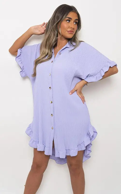 Button Down Oversized Ruffle Short Sleeve Mini Dress Elite Urban