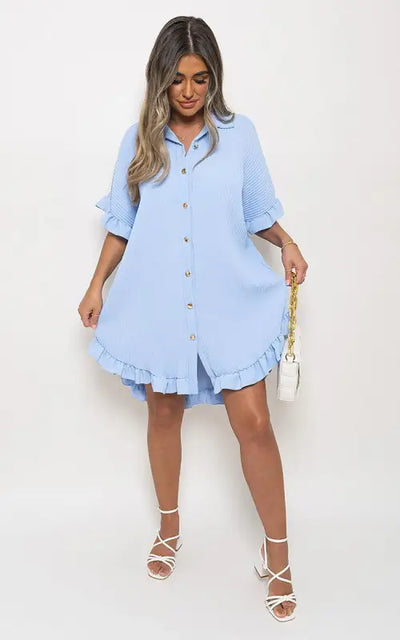 Button Down Oversized Ruffle Short Sleeve Mini Dress Elite Urban