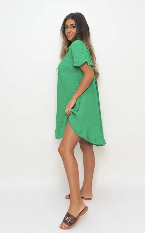 Button Down Oversized Ruffle Short Sleeve Mini Dress Elite Urban