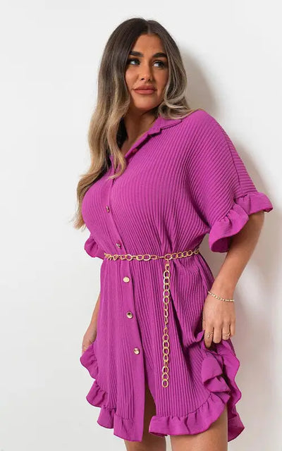 Button Down Oversized Ruffle Short Sleeve Mini Dress Elite Urban