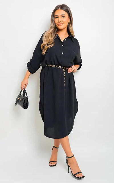 Button Down Pull Up Sleeve Midi Dress with Front Pocket Elite Urban