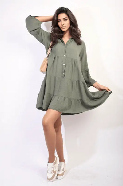 Button Front Tiered Smock Mini Dress Elite Urban