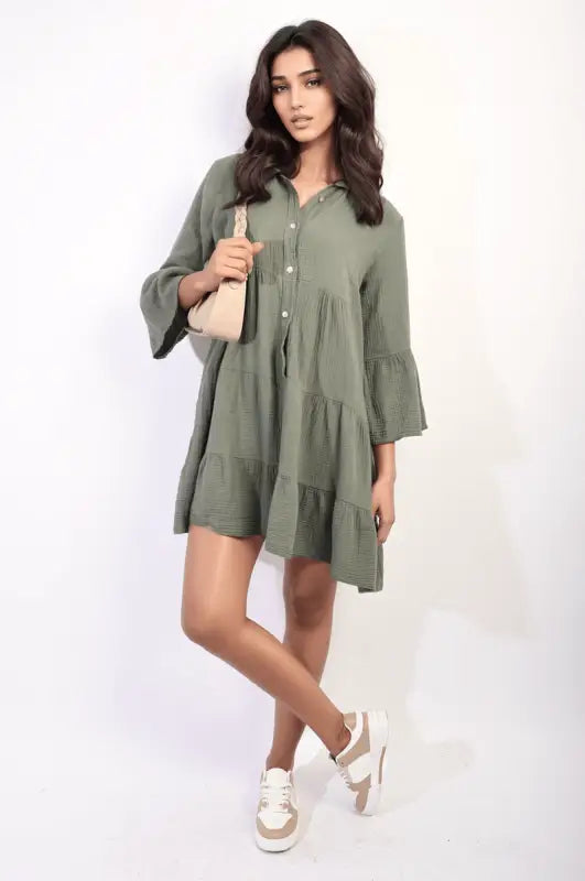 Button Front Tiered Smock Mini Dress Elite Urban