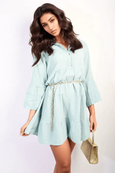 Button Front Tiered Smock Mini Dress Elite Urban