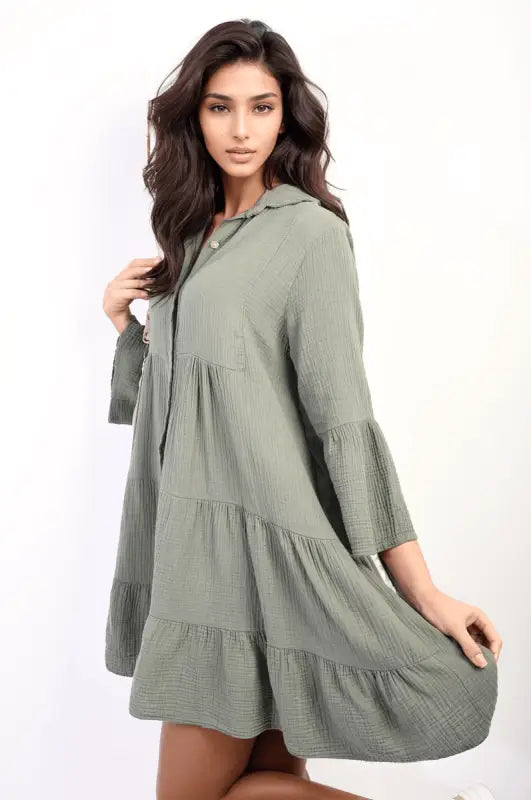 Button Front Tiered Smock Mini Dress Elite Urban