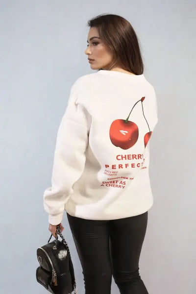 Cherry Printed Front and Back Design Oversized Knitted Jumper - White / M/L - jumper