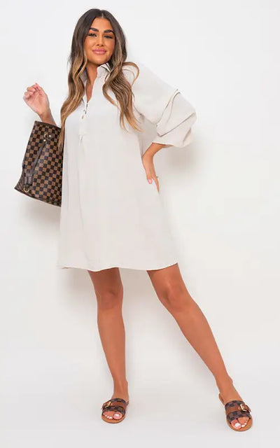 Collared Oversized Mini Dress - Beige / S/M - dress