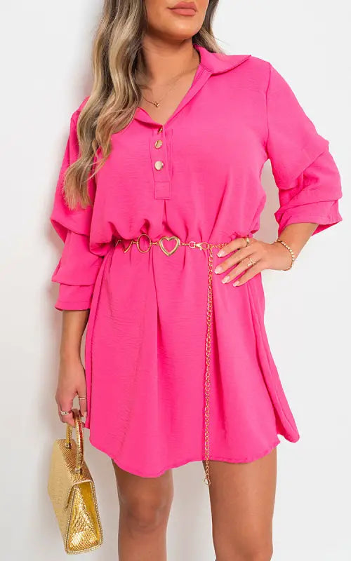 Collared Oversized Mini Dress - PInk / M/L - dress