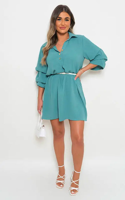 Collared Oversized Mini Dress - Teal / M/L - dress