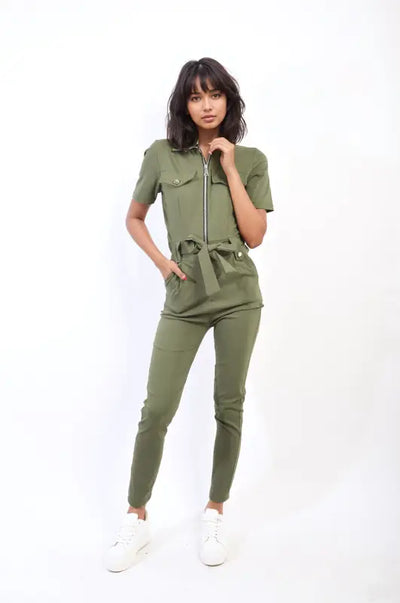 Collared V-Neckline Zip Up with Tie Belt Jumpsuit - Elite Urban