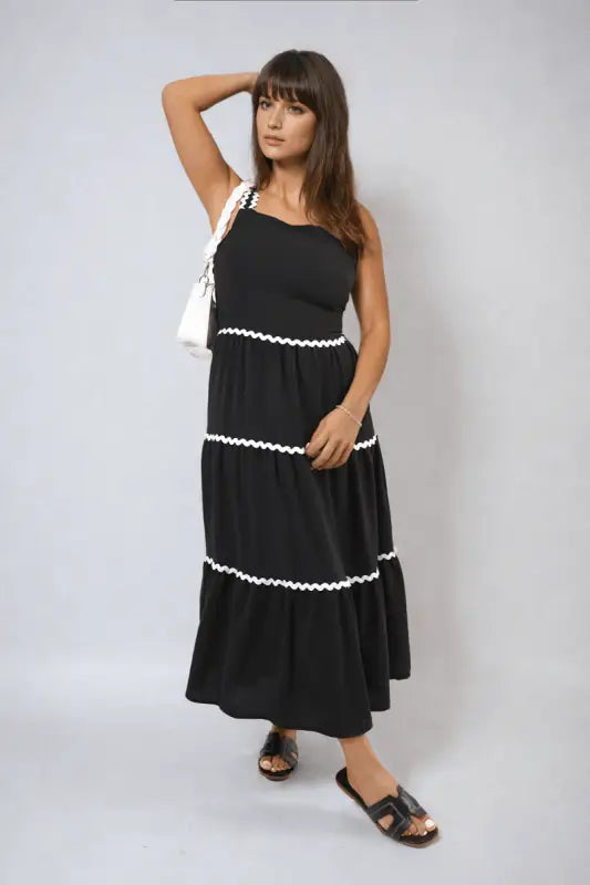 Contrast Ric Rac Detail Multi Tiered Maxi Dress Elite Urban