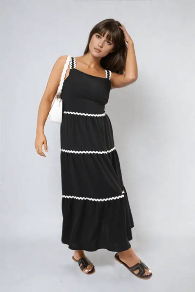 Contrast Ric Rac Detail Multi Tiered Maxi Dress Elite Urban