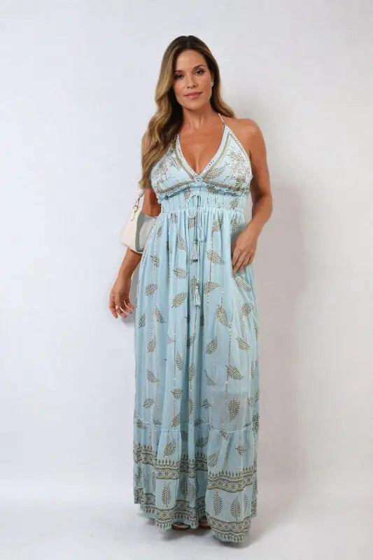 Dazzling Leaf Print Spaghetti Strap Maxi Dress Elite Urban