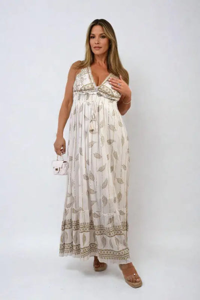 Dazzling Leaf Print Spaghetti Strap Maxi Dress Elite Urban