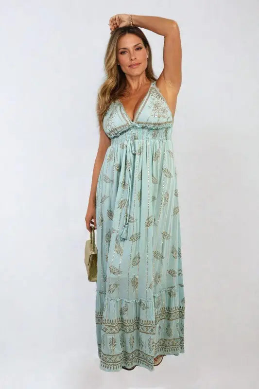 Dazzling Leaf Print Spaghetti Strap Maxi Dress Elite Urban