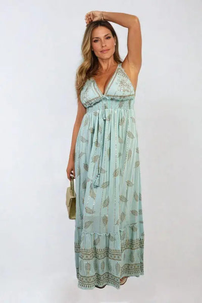 Dazzling Leaf Print Spaghetti Strap Maxi Dress Elite Urban