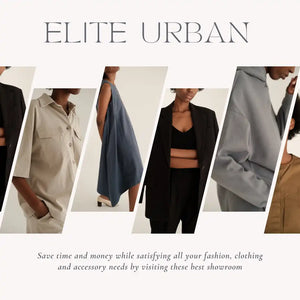 Fashion advertisement showcasing various urban clothing styles and outfits.