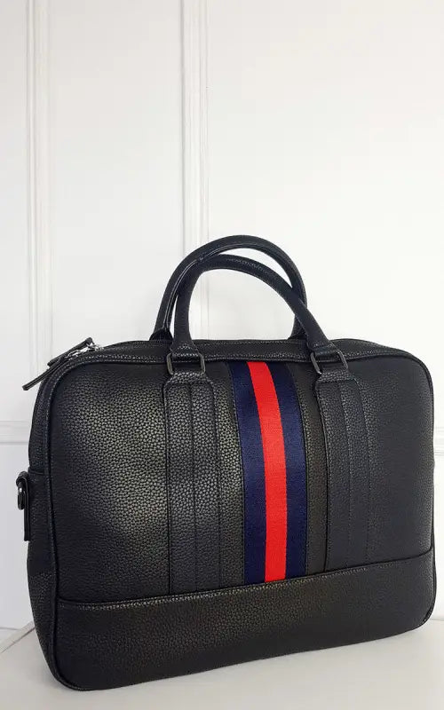 Faux Leather Bowler Bag with Navy and Red Stripe Detail - Elite Urban