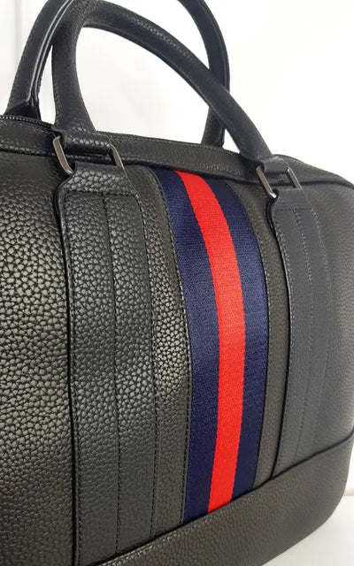 Faux Leather Bowler Bag with Navy and Red Stripe Detail - Elite Urban