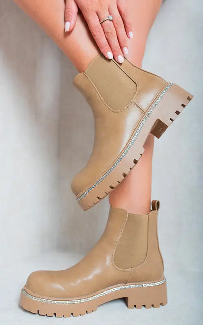 Faux Suede Diamante Chelsea Ankle Boots - Beige / 8 - Boots