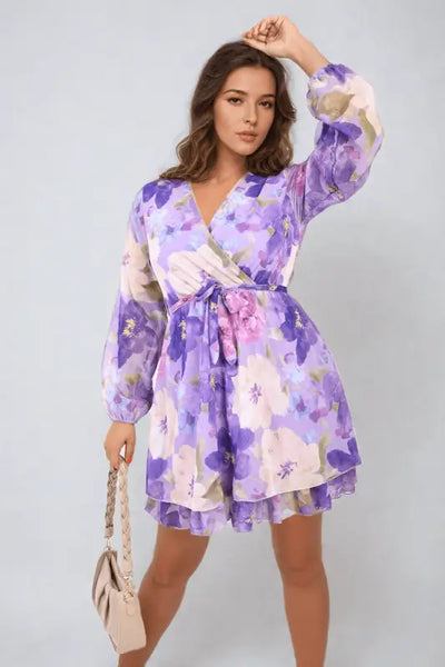 Floral Tie Front Tiered Mini Dress Elite Urban