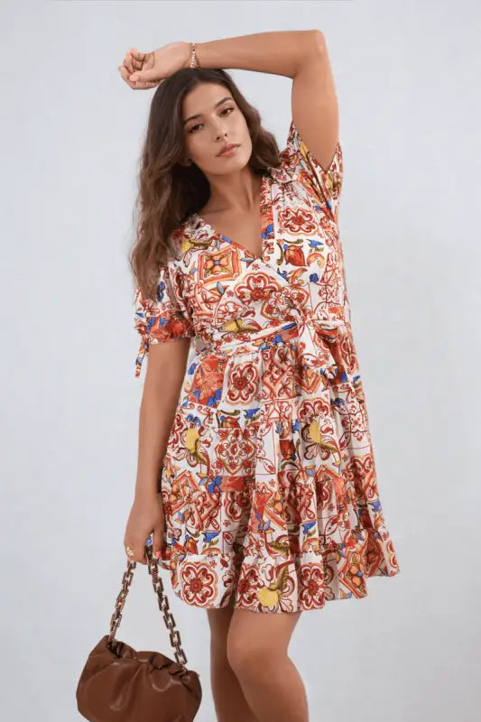 Floral V-Neck Tie Waist Mini Dress Elite Urban