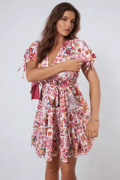 Floral V-Neck Tie Waist Mini Dress Elite Urban