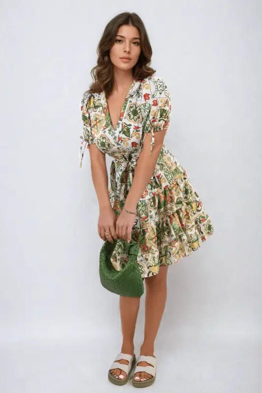 Floral V-Neck Tie Waist Mini Dress Elite Urban