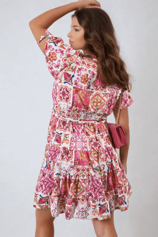 Floral V-Neck Tie Waist Mini Dress Elite Urban