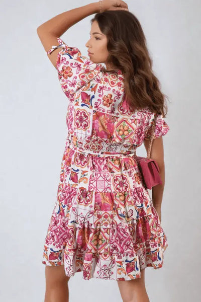 Floral V-Neck Tie Waist Mini Dress Elite Urban