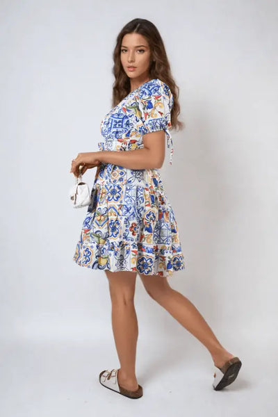 Floral V-Neck Tie Waist Mini Dress Elite Urban