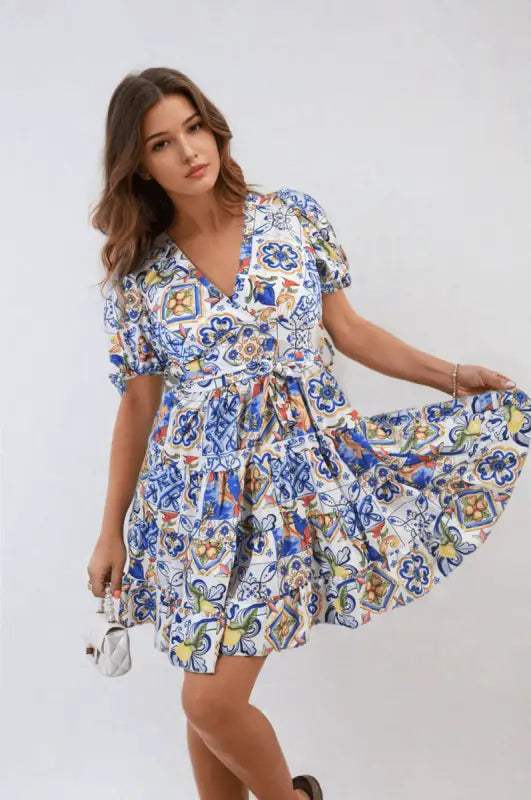 Floral V-Neck Tie Waist Mini Dress Elite Urban