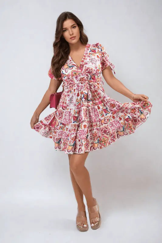 Floral V-Neck Tie Waist Mini Dress Elite Urban