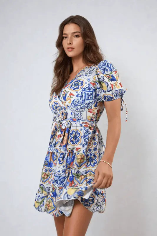 Floral V-Neck Tie Waist Mini Dress Elite Urban