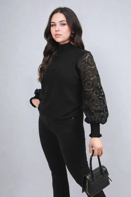 High Neck Knit Crochet Sleeve Jumper - Elite Urban