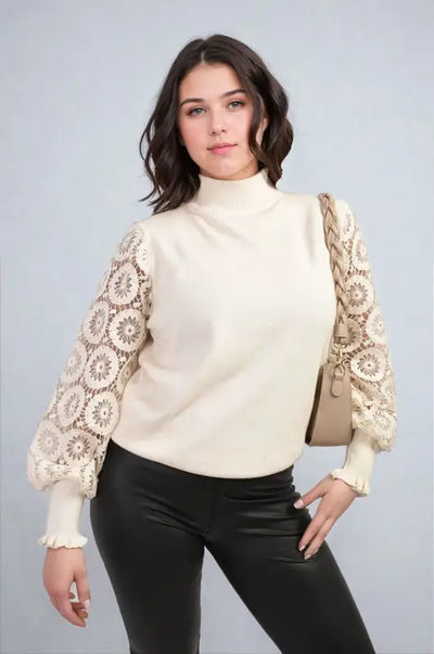 High Neck Knit Crochet Sleeve Jumper - Elite Urban