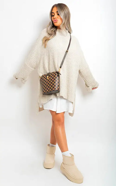 High Neck Oversized Long Sleeve Knitted Jumper - BEIGE / M/L - jumper