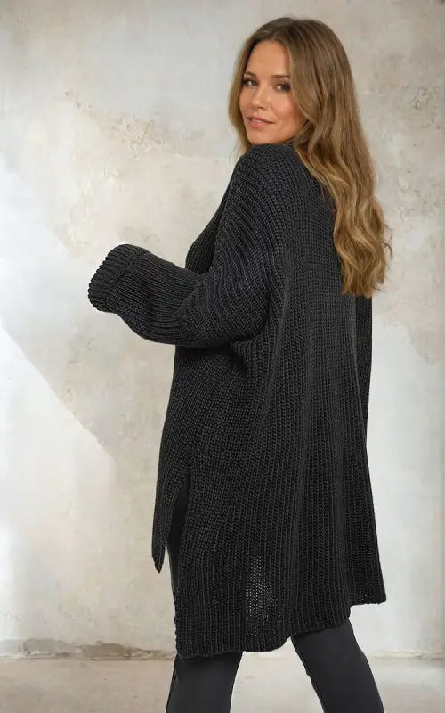 High Neck Oversized Long Sleeve Knitted Jumper - black / M/L - jumper