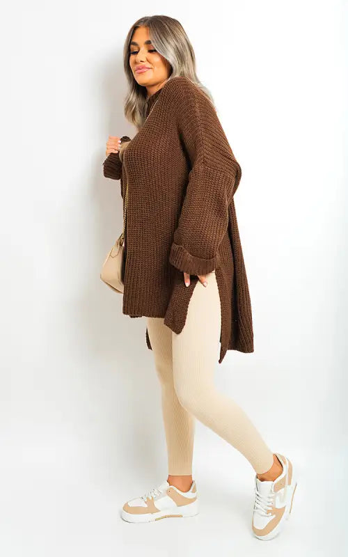 High Neck Oversized Long Sleeve Knitted Jumper - brown / S/M - jumper