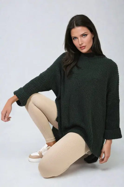 High Neck Oversized Long Sleeve Knitted Jumper - Dark Green / M/L - jumper