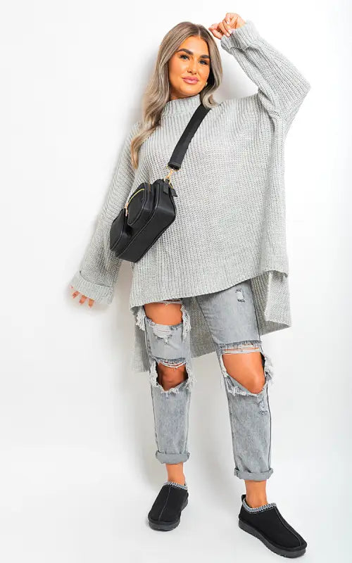 High Neck Oversized Long Sleeve Knitted Jumper - Grey / S/M - jumper