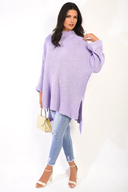 High Neck Oversized Long Sleeve Knitted Jumper - LILAC / M/L - jumper