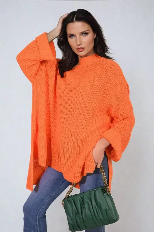 High Neck Oversized Long Sleeve Knitted Jumper - Orange / M/L - jumper