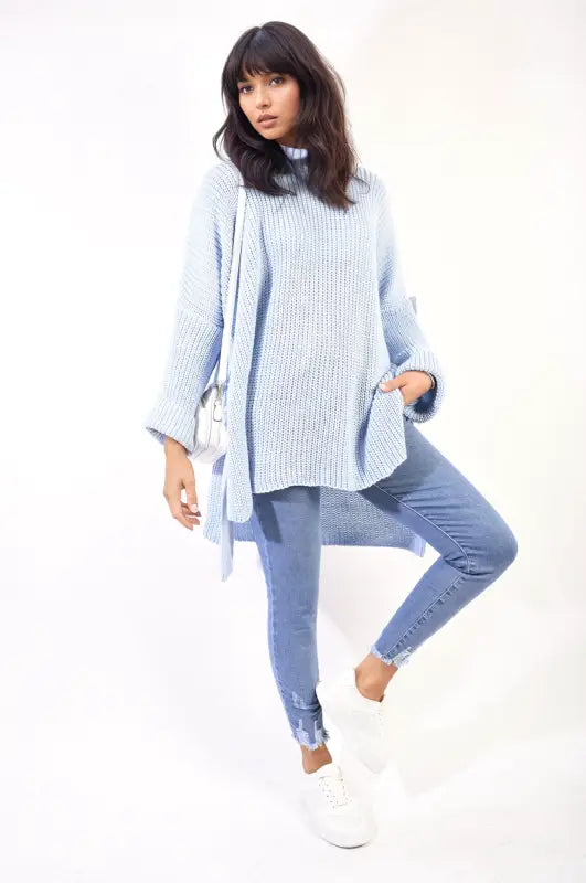 High Neck Oversized Long Sleeve Knitted Jumper - Sky Blue / M/L - jumper