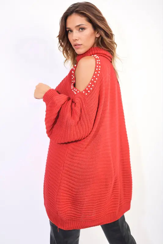 High Neck Oversized Open Shoulder Long Sleeve Knitted Jumper - jumper