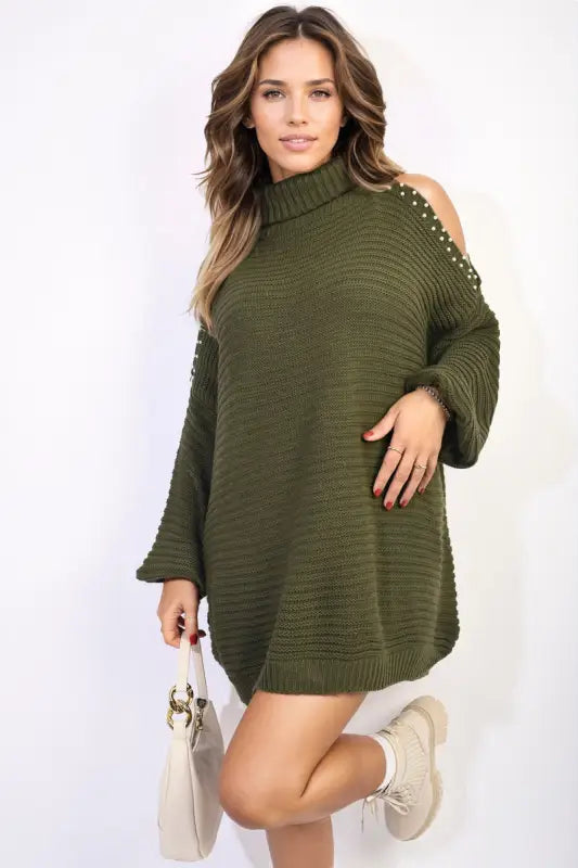 High Neck Oversized Open Shoulder Long Sleeve Knitted Jumper - jumper