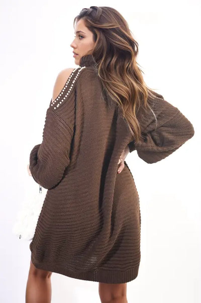 High Neck Oversized Open Shoulder Long Sleeve Knitted Jumper - jumper